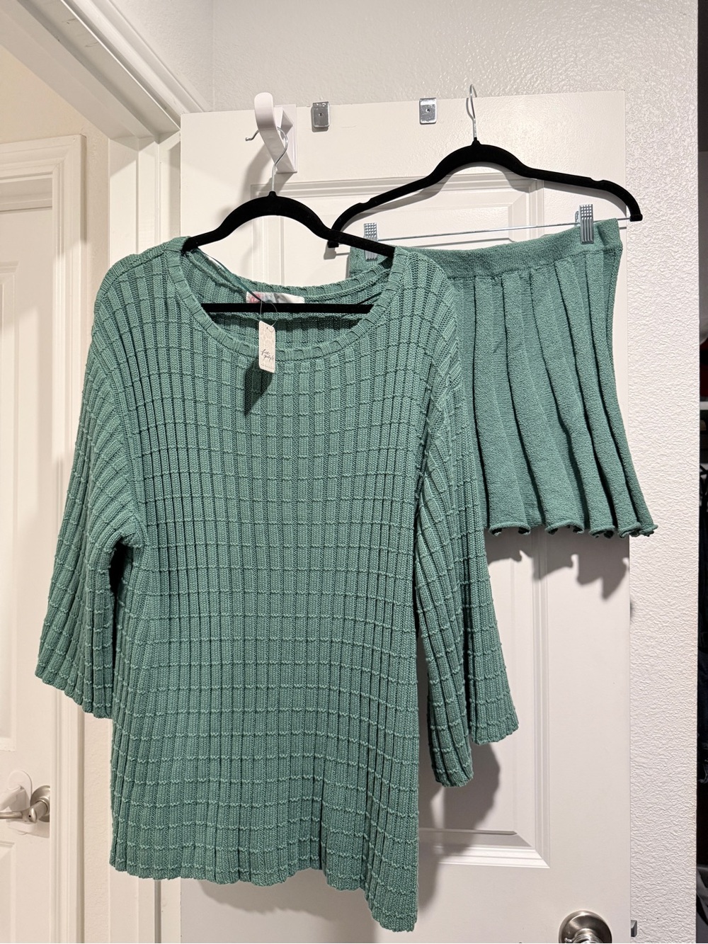 Free People Beach Kenzie Sweater and Skirt Set in Frosty Spruce Green Sz L NWT
